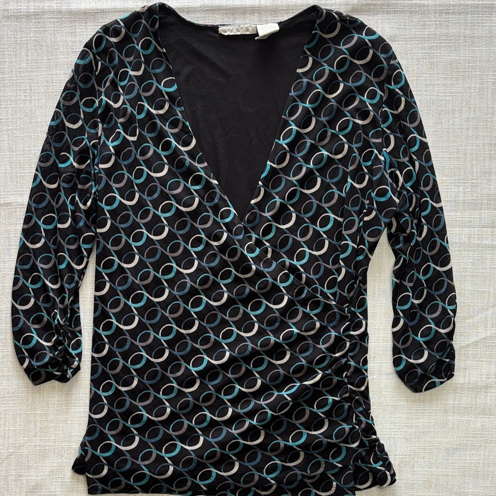 Worthington Black and Blue Wrap Blouse
